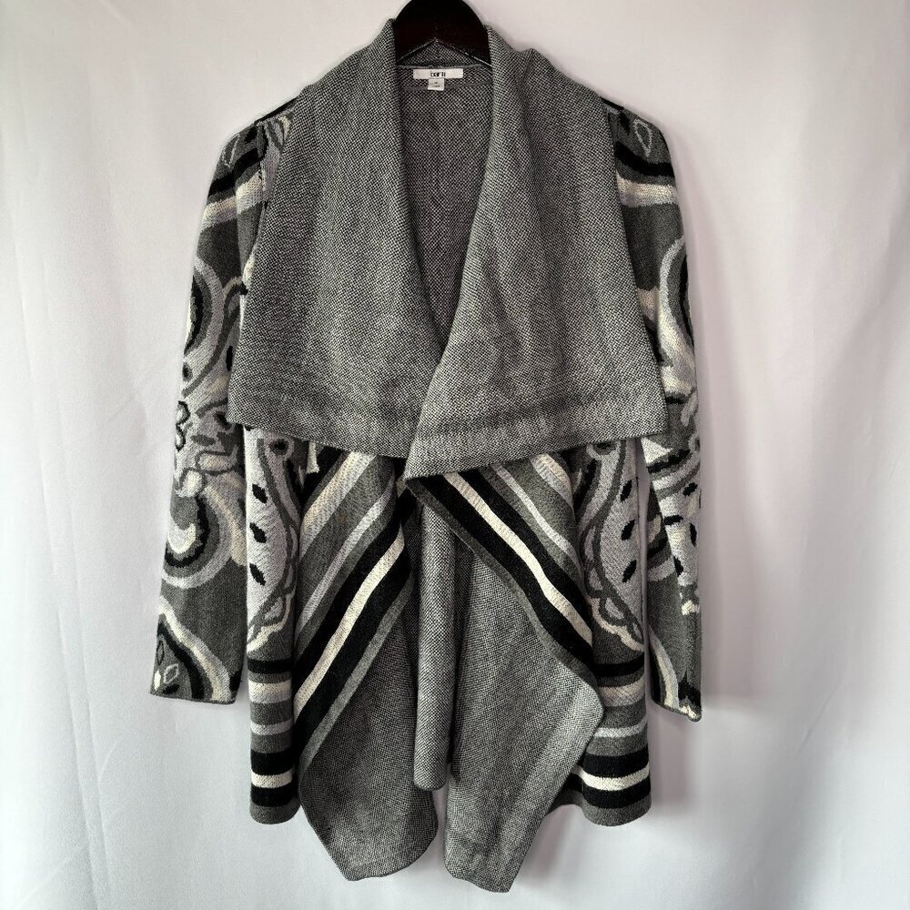 Bar III Women's Gray Black Jacquard Open Front Shawl Cardigan Sweater Size M